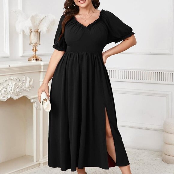 Plus Size Maxi Dress Women Summer V Neck Puff Short Sleeve Slit Formal - Picture 2 of 6